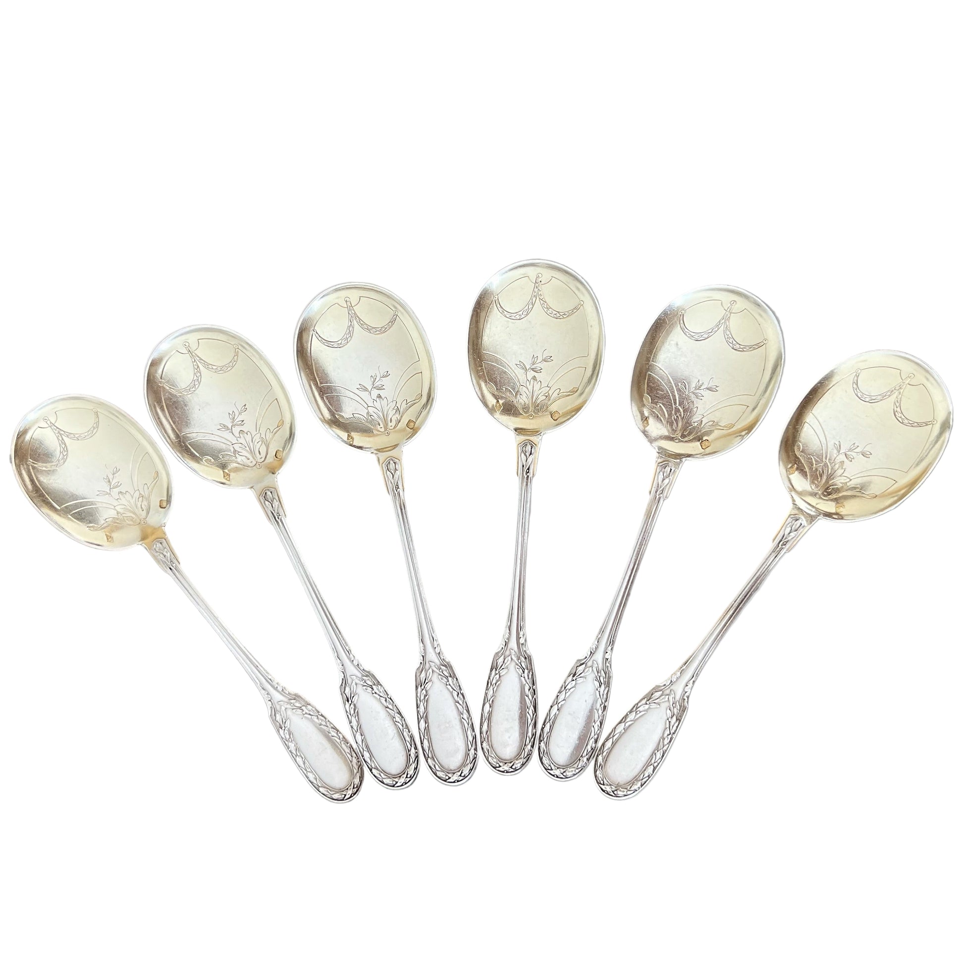 6 cuillères à glace Olier & Caron en argent massif & en vermeil, style Louis XV