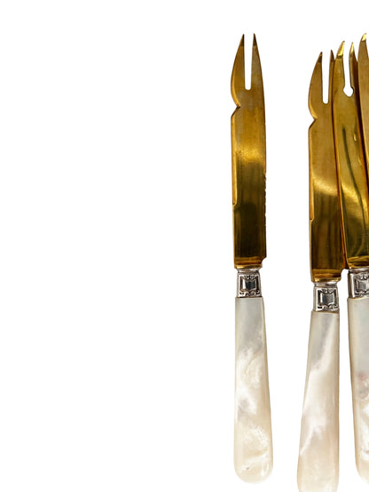Couteaux fourchettes à melon en nacre et métal doré, 5 pcs (Déclassé)