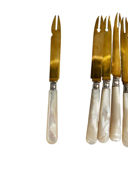 Couteaux fourchettes à melon en nacre et métal doré, 5 pcs (Déclassé)