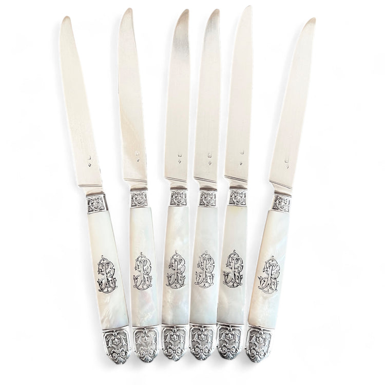 6-piece set of mother-of-pearl and sterling silver fruit knives, Hénin & Vivier (1891-1896)