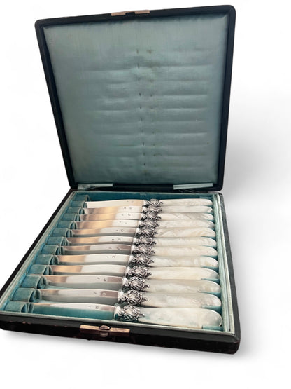 Fruit knives, mother-of-pearl & silver, 12 pieces, Paul Canaux & Cie