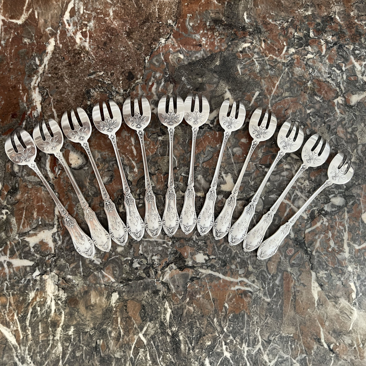 Fourchettes à huîtres en argent massif, 12 pcs, Victor Boivin